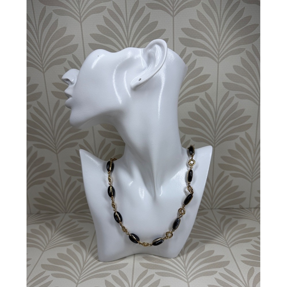 Vintage Signed Lee Angel Gold Tone Black Resin Station Long Link Necklace 36"